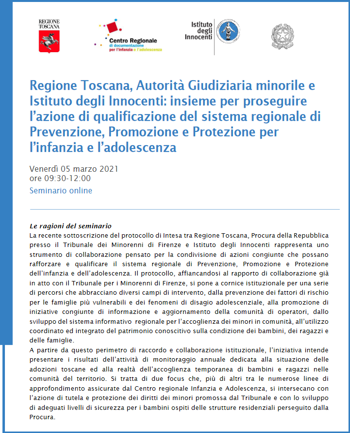 programma del seminario online per la presentazione dei risultati del sistema informativo per l’accoglienza dei minori in comunità e le adozioni in Toscana