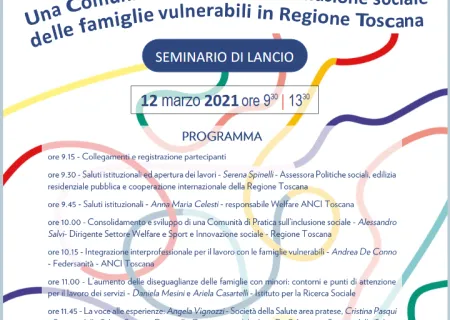 programma del seminario di lancio del progetto Comunità di Pratica per l’inclusione delle famiglie vulnerabili in Toscana, seminario online il 12 marzo