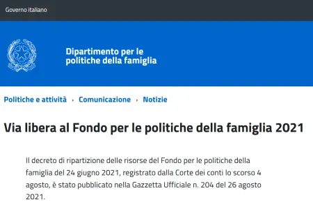 screenshot della pagina del sito del Dipartimento famiglia
