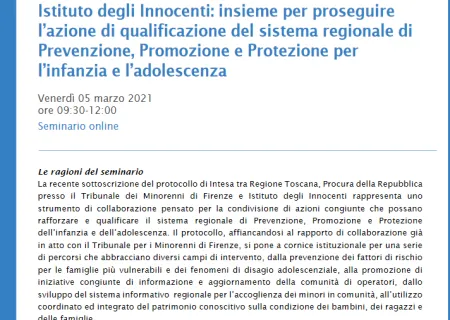 programma del seminario online per la presentazione dei risultati del sistema informativo per l’accoglienza dei minori in comunità e le adozioni in Toscana